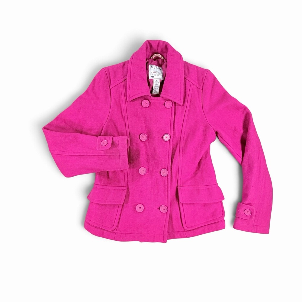 Old Navy Hot Pink Pea Coat Double Breasted Wool Blend Small Quilted Lining Y2K
